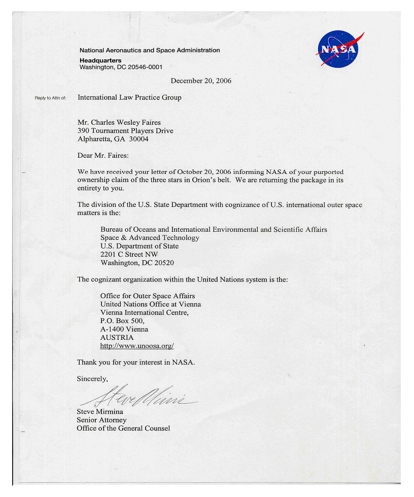 Nasa Attorney Return Letter