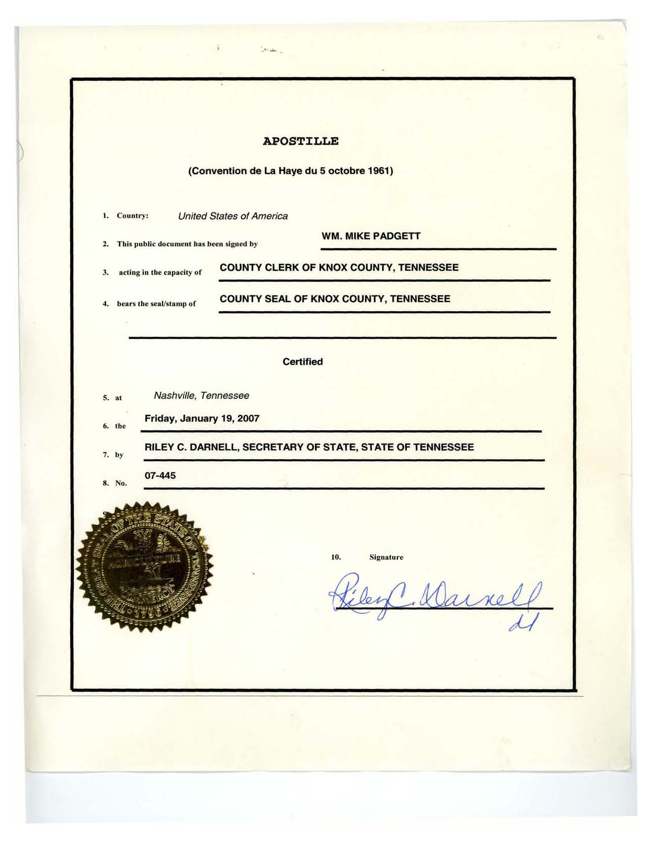 Tennessee Apostille 07-446